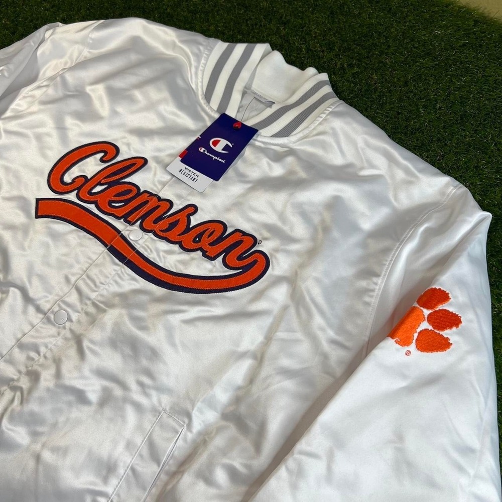 NWT Champion Clemson Tigers Satin Bomber Jacket White Water Resistant Large L - Picture 2 of 7